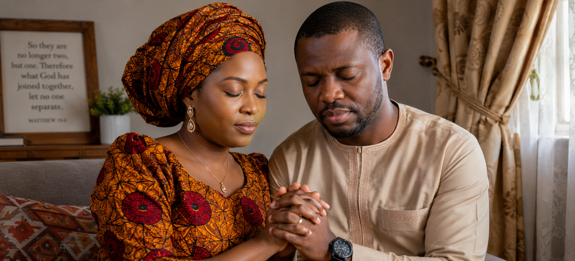 A Nigerian couple praying together, trusting God for the fruit of the womb